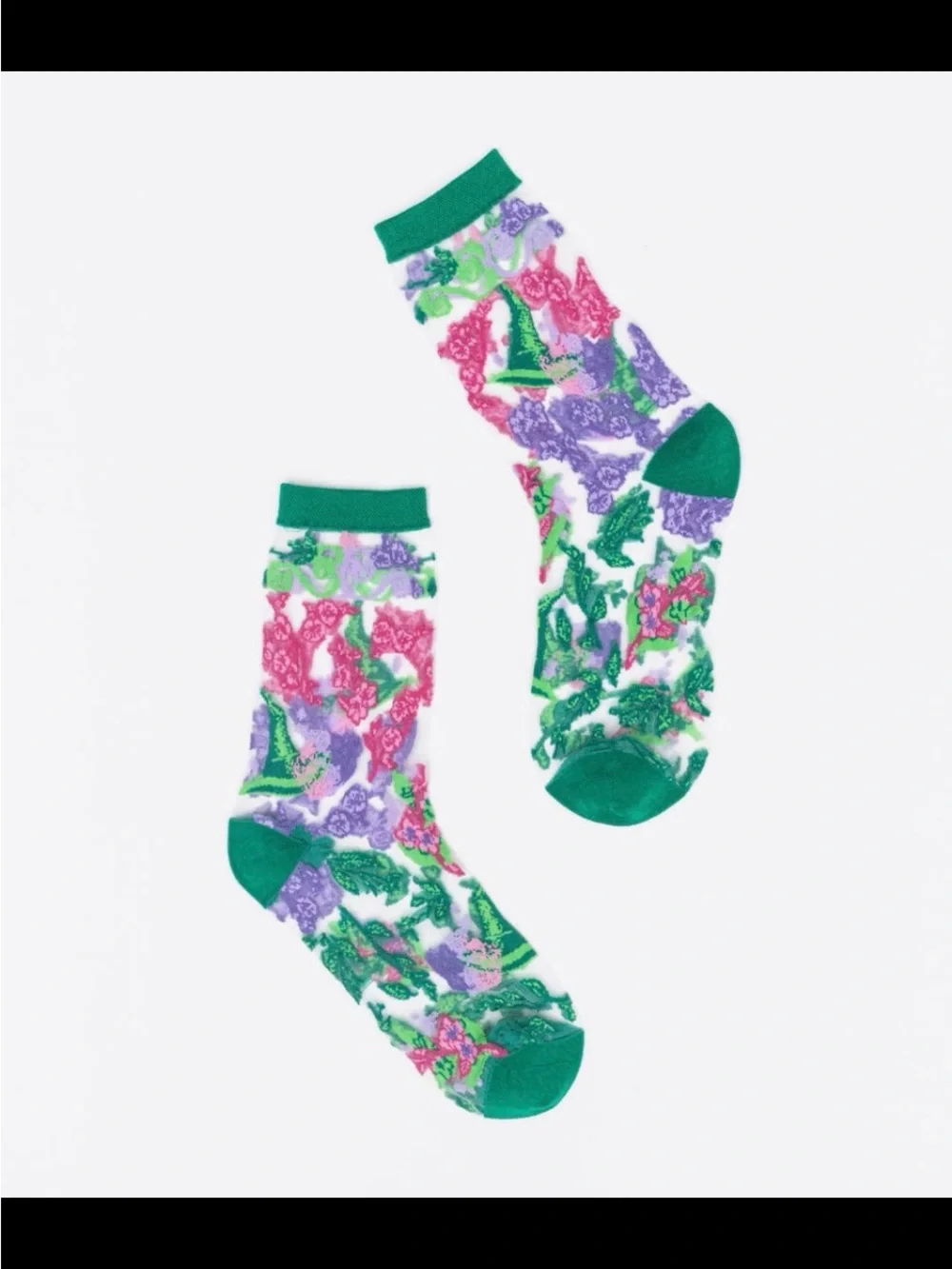 Wicked For Good Floral Sheer Floral Crew Socks in Green